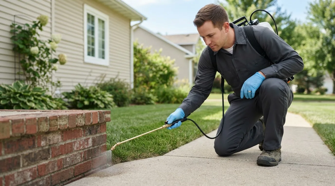 Pest control technician treating a home near Makoti, ND