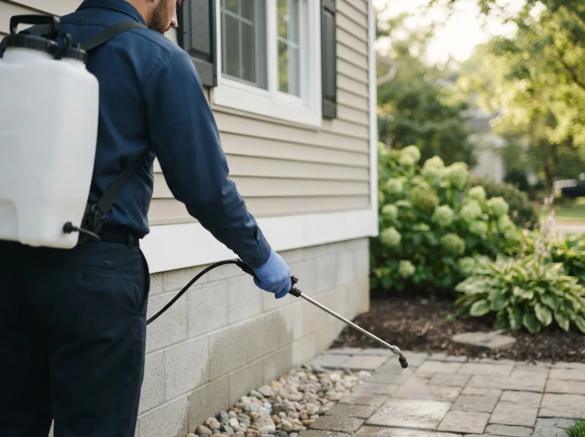 Pest control technician inspecting a home in Makoti, ND